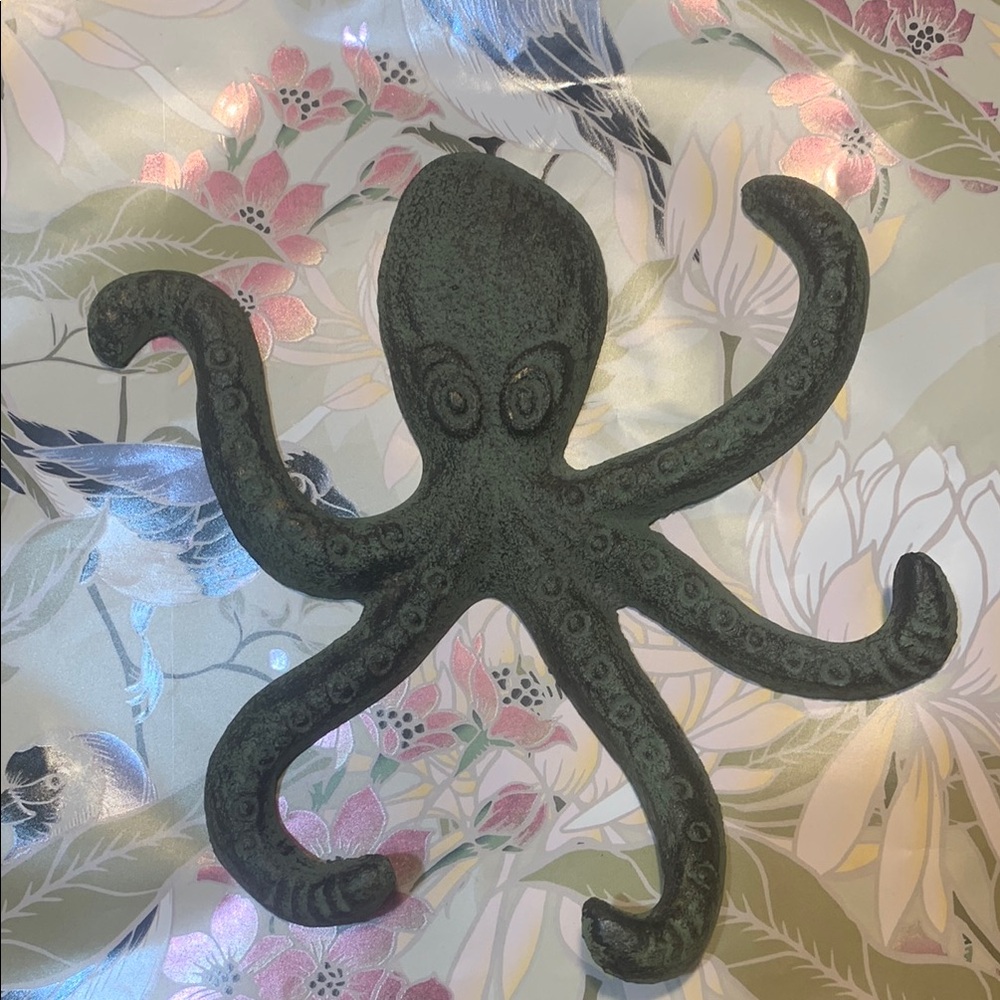 Cast Iron Green Patina Octopus by Lori Deiter / Nautical Art Wall Decor / Hook